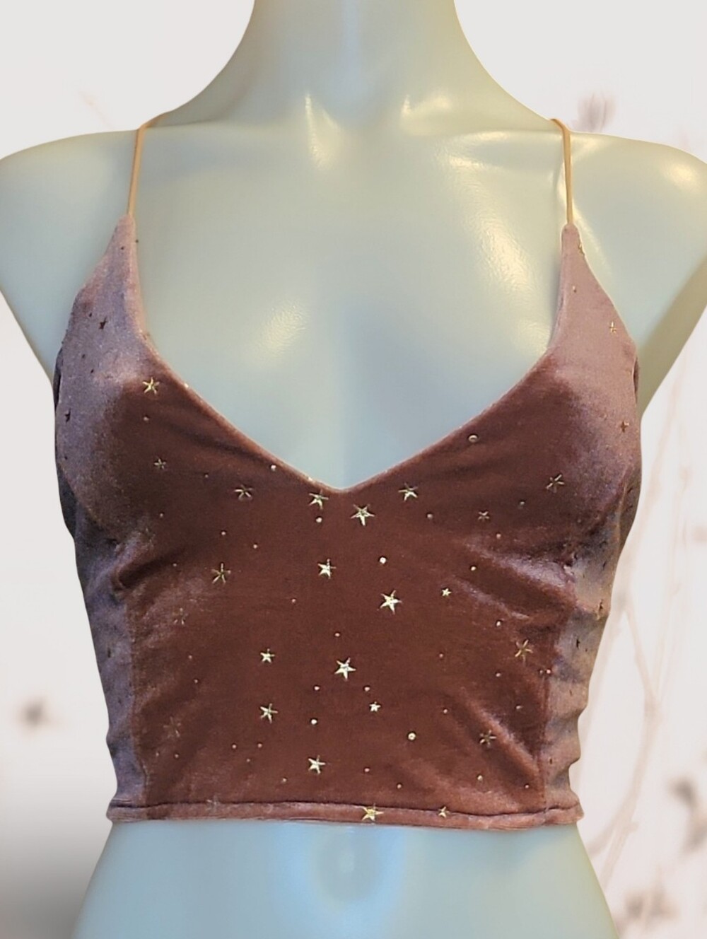 Rose Gold Rust Velvet Star Galaxy Print Lace Up Back Top sz S Festival Rave y2k